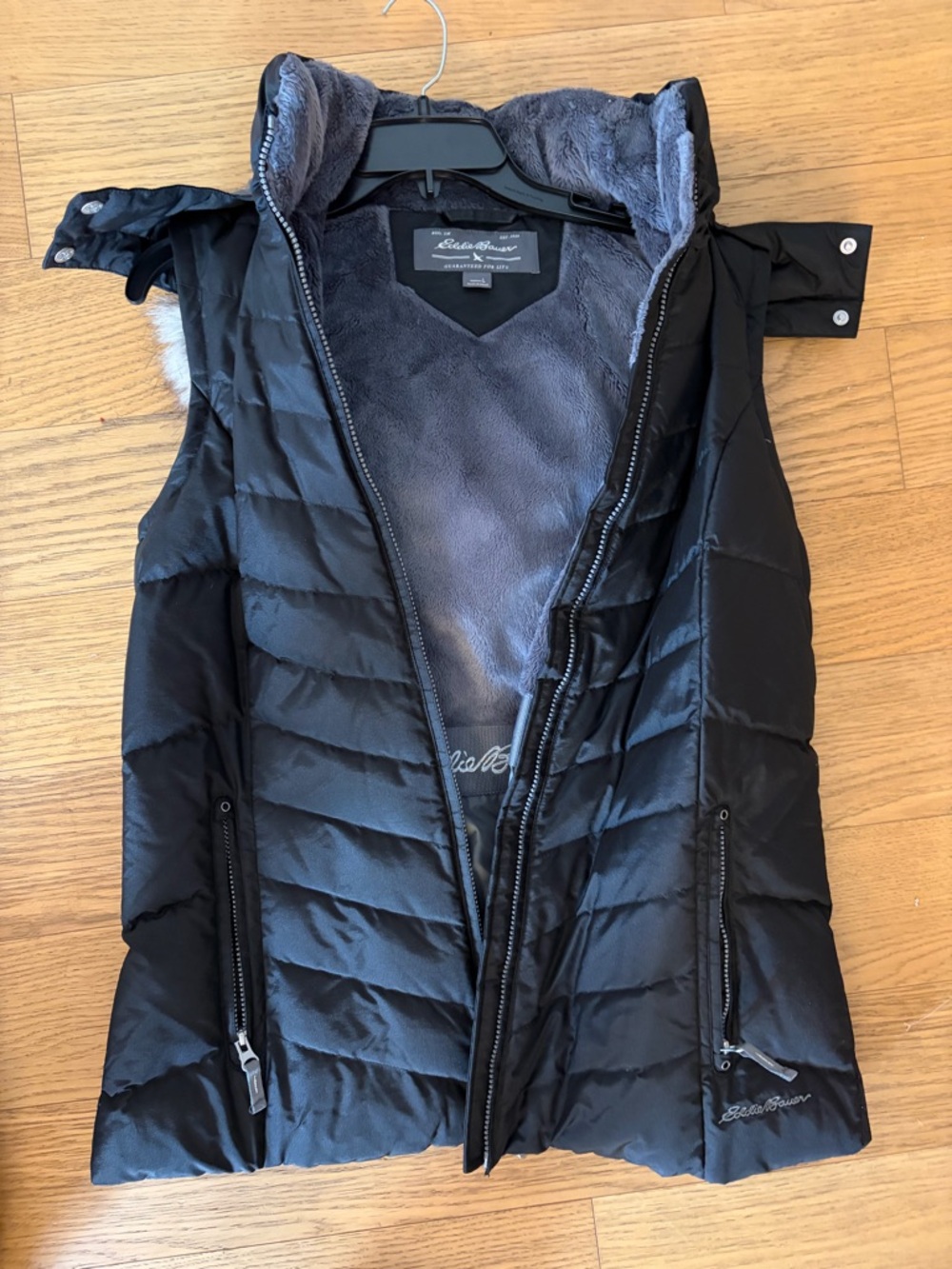Eddie Bauer Black Quilted Puffer Vest with Faux Fur Trimmed Hood